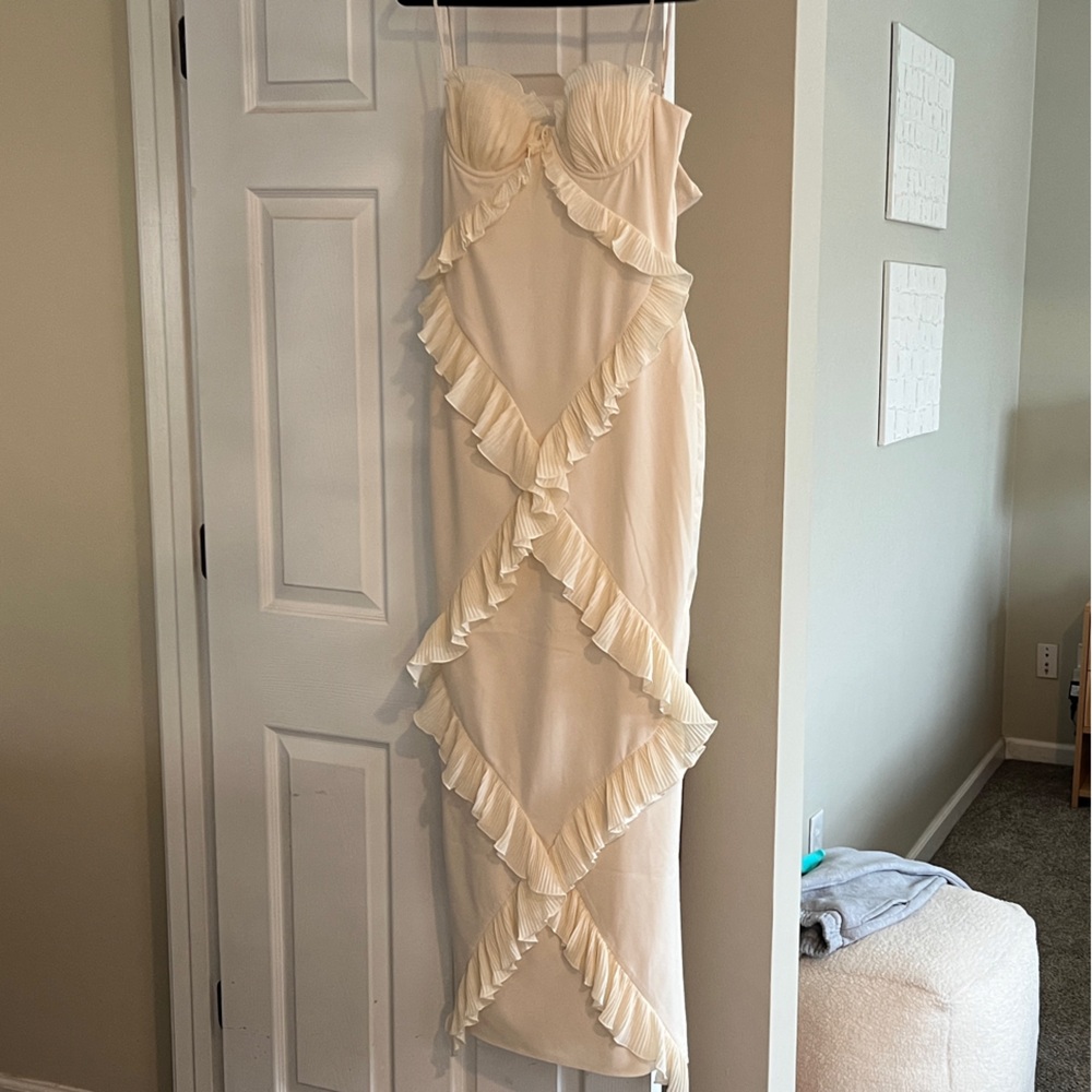 Oh Polly Spaghetti Strap Cream Ruffle Dress